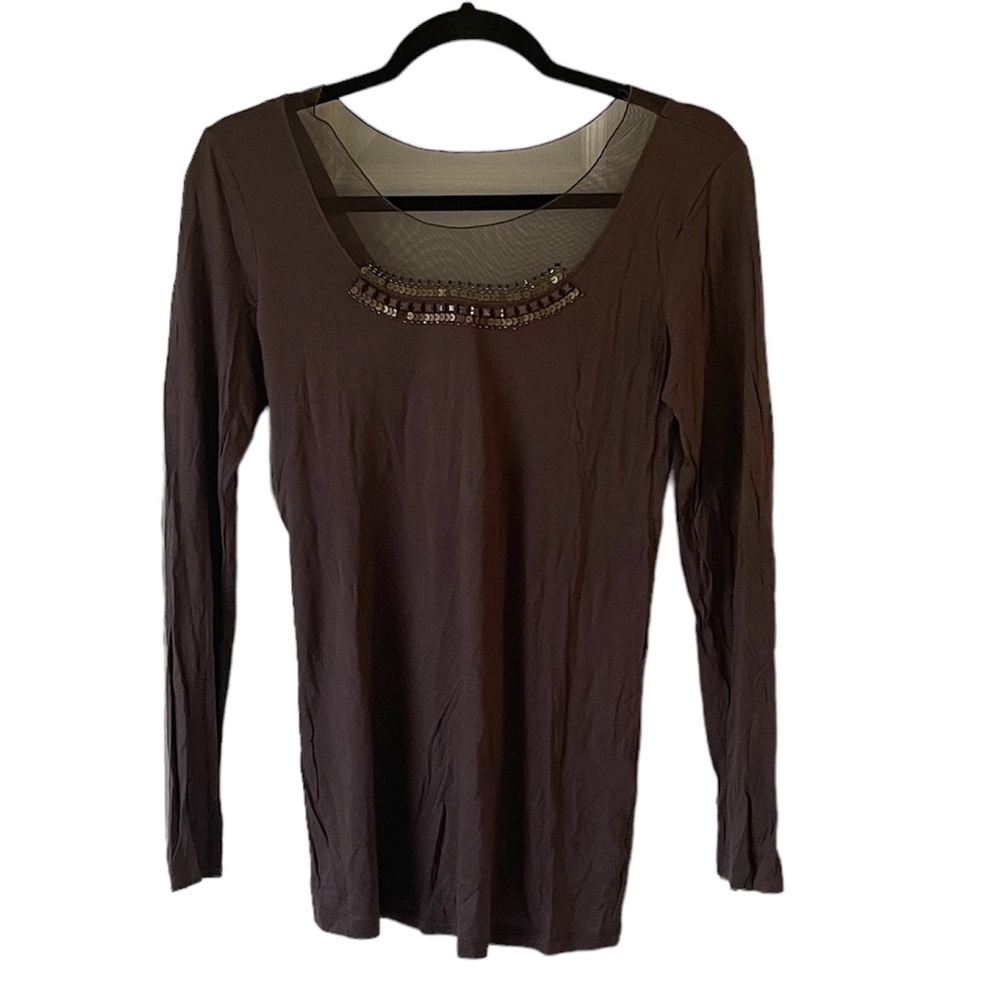 Simply Vera brown long sleeve sequin mesh embellished top size medium